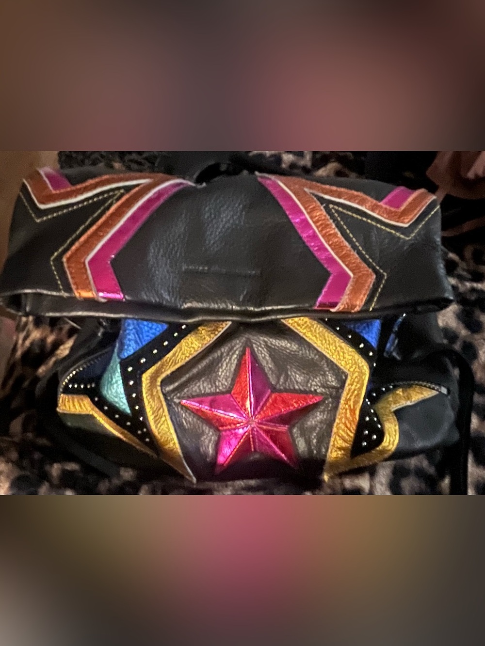 Black Leather Star Appliqué Backpack with Multicolor Trim by Aimee Kestenberg